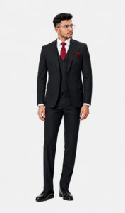 full body black suit studio portrait