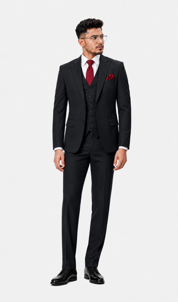 full body black suit studio portrait